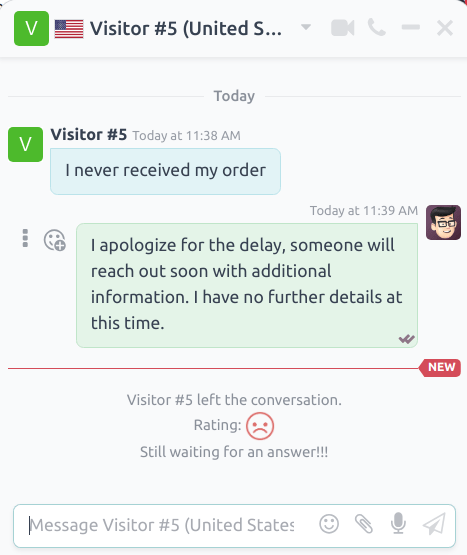 نمای پنجره چت از پنجره یک operator که یک rating برای Odoo گفتگوی زنده را برجسته می‌کند.