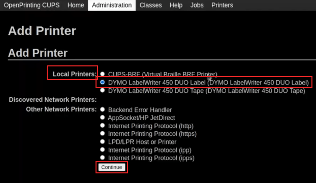صفحهٔ افزودن چاپگر در OpenPrinting CUPS با DYMO LabelWriter 450 DUO Label برجسته شده.