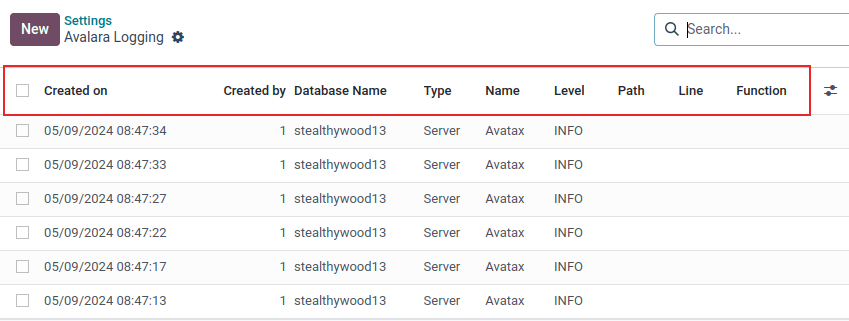 صفحهٔ logging Avalara با ردیف بالای فهرست برجسته‌شده.