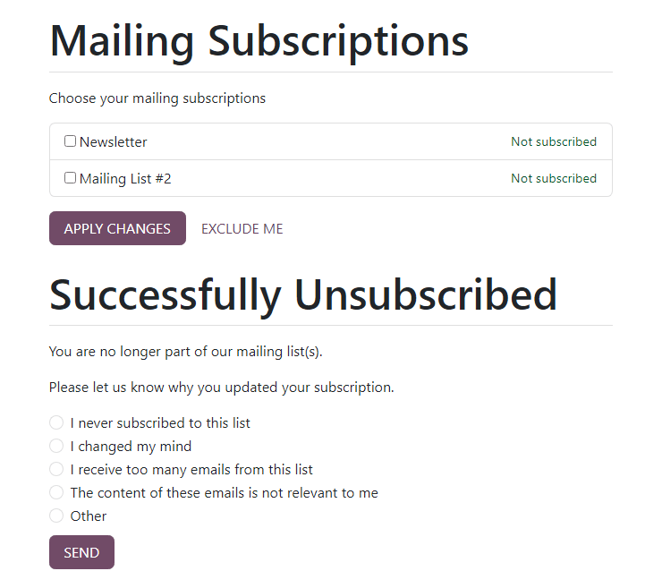 صفحهٔ «اشتراک‌های پستی» که هنگام کلیک روی لینک «Unsubscribe» در ارسال ظاهر می‌شود.