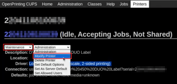 اصلاح make و model DYMO LabelWriter. منوهای کشویی Maintenance و Modify برجسته شده‌اند.
