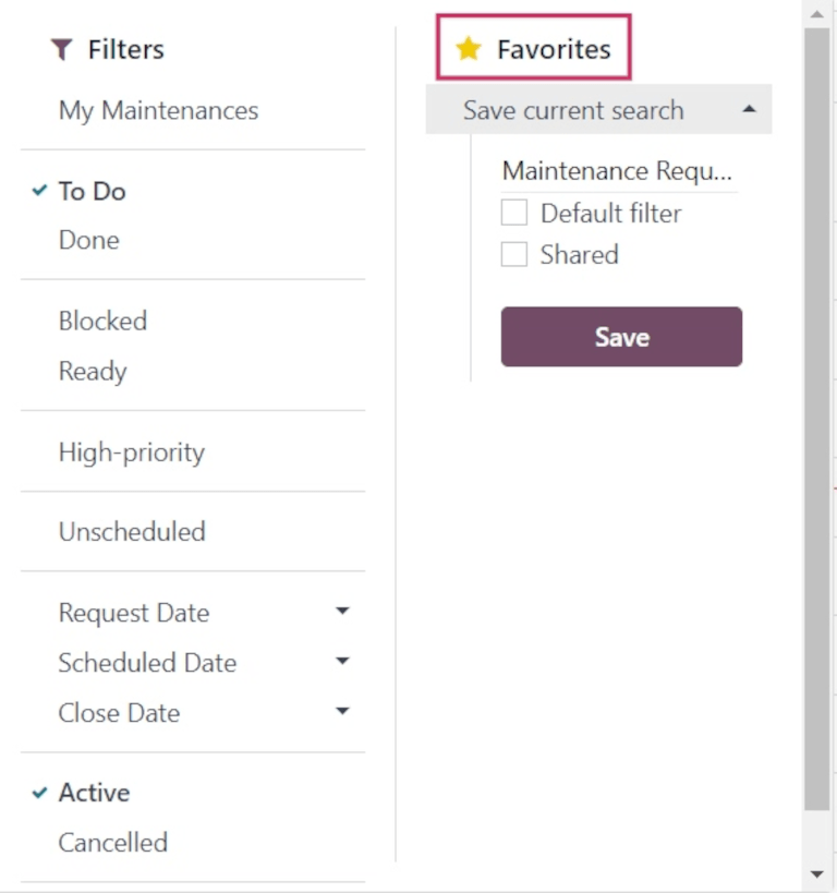 بخش Favorites در منوی کشویی فیلترها.