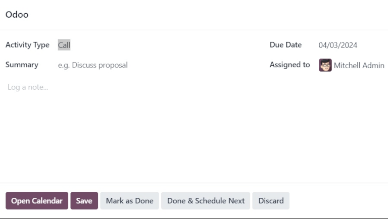 پنجره بازشوی schedule فعالیت در Odoo.
