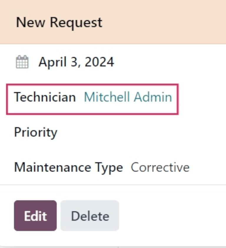 پنجرهٔ بازشوی درخواست نگهداری با نمایش فیلد Technician.