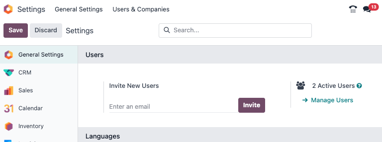 نمای صفحهٔ تنظیمات با تأکید بر فیلد manage users در Odoo.