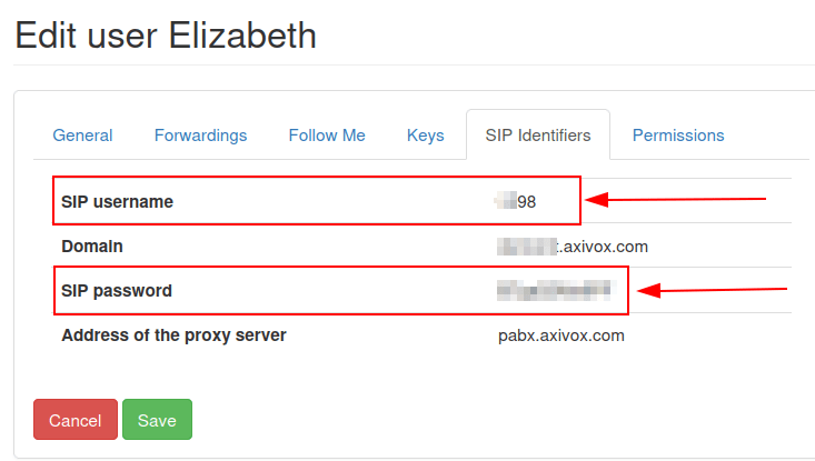 اعتبارنامه‌های SIP در مدیر Axivox.