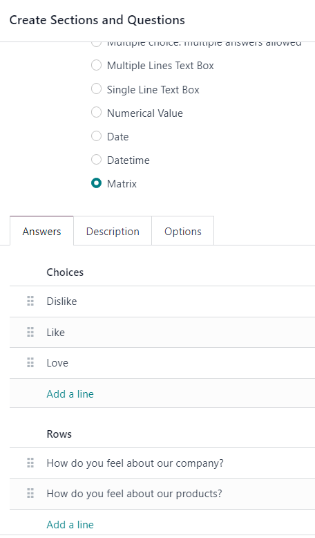 تب پاسخ با نوع سؤال matrix انتخاب‌شده در Odoo Surveys.