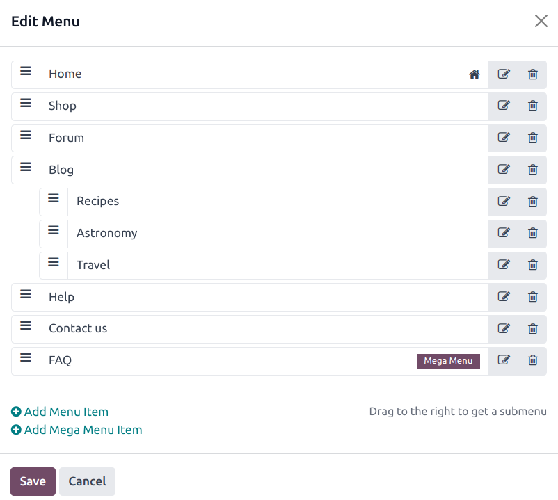 ویرایشگر منو با sub-menus