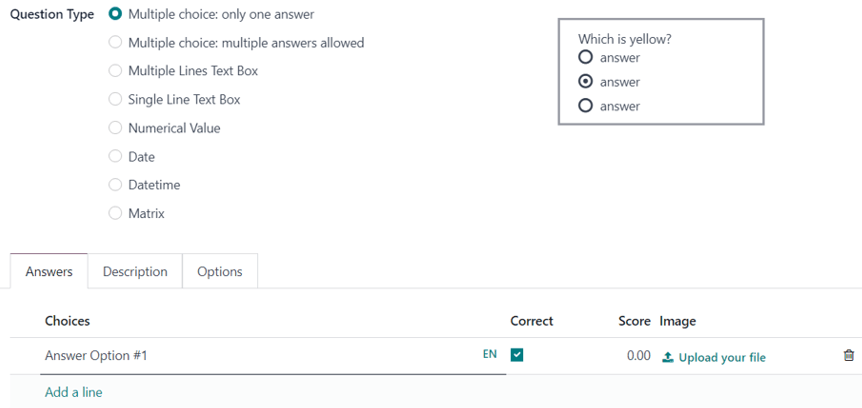 تب پاسخ با گزینهٔ پاسخ چندگزینه‌ای انتخاب‌شده در Odoo Surveys.
