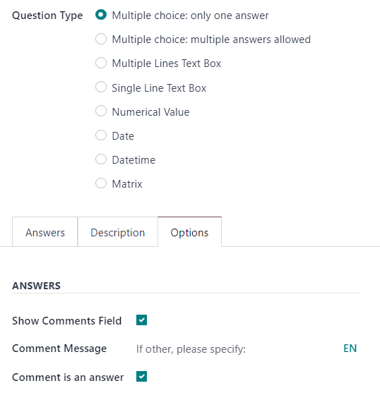 بخش پاسخ‌های تب options هنگامی که نوع سؤال multiple choice انتخاب می‌شود.