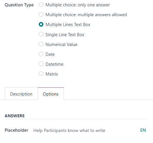 فیلد placeholder هنگامی که گزینهٔ multiple lines text box در Odoo Surveys انتخاب می‌شود.