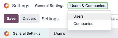 منوی Users در بخش Users & Companies در اپ Settings در Odoo.