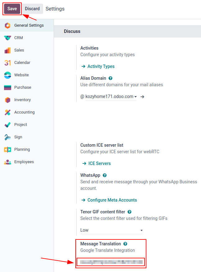 پیکربندی Odoo از کلید API از *Google API Console*.