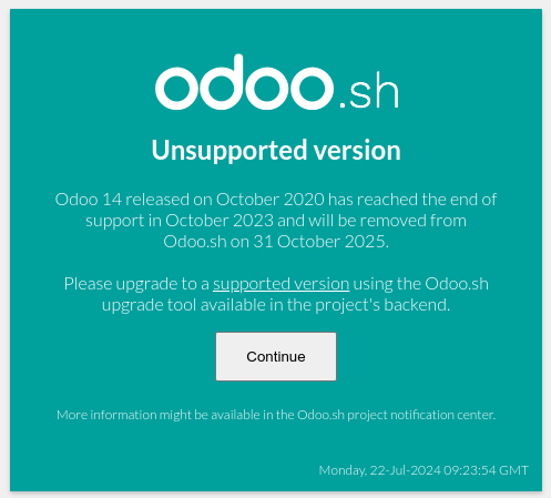 پاپ‌آپ «unsupported version» در Odoo.sh.