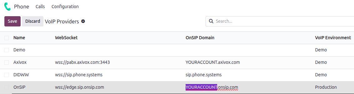 تنظیمات پیکربندی OnSIP در اپ *Odoo Phone*.
