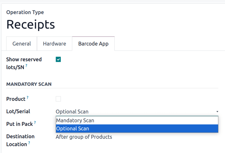 انتخاب «Optional Scan» در نوع عملیات Receipts.
