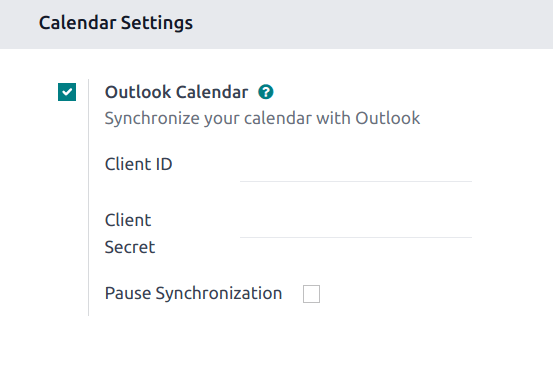 تنظیم «Outlook Calendar» فعال‌شده در Odoo.