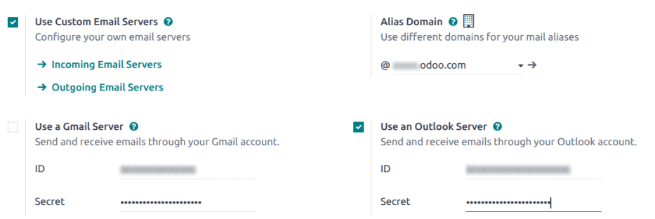 Outlook Credentials در Odoo General تنظیمات.