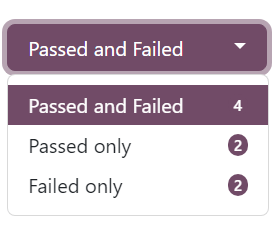 منوی کشویی «Passed and Failed» در صفحهٔ «See results» اپلیکیشن نظرسنجی‌های Odoo.