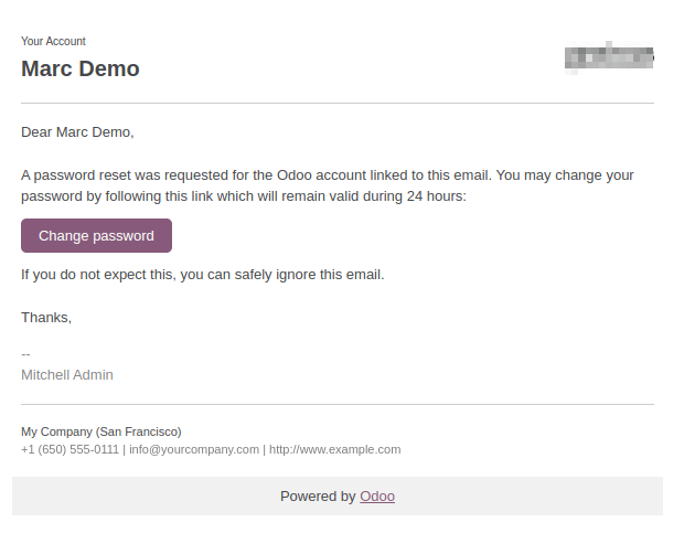 نمونه‌ای از یک ایمیل با پیوند reset رمز عبور برای یک حساب Odoo.