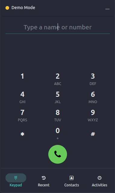 ویجت **تلفن** چهار تب دارد: **Keypad**، **Recent**، **Contacts** و **Activities**.