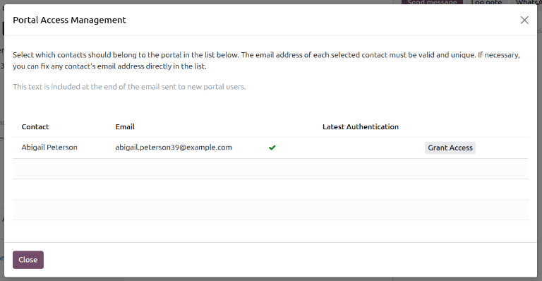 اعطای دسترسی در پنجرهٔ Portal Access Management.