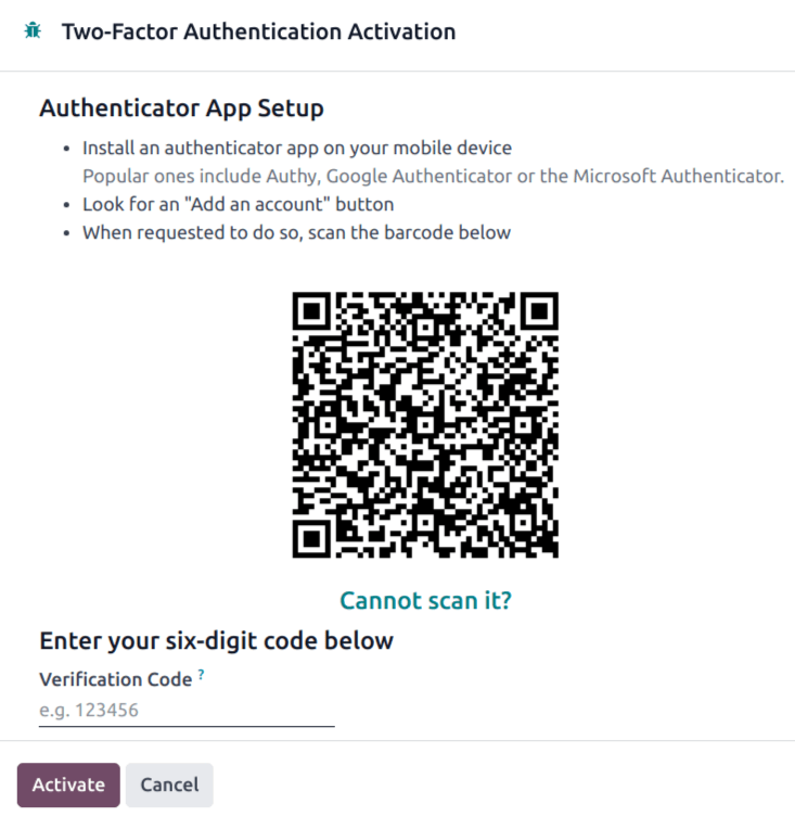 کد QR احراز هویت 2fa در Odoo.