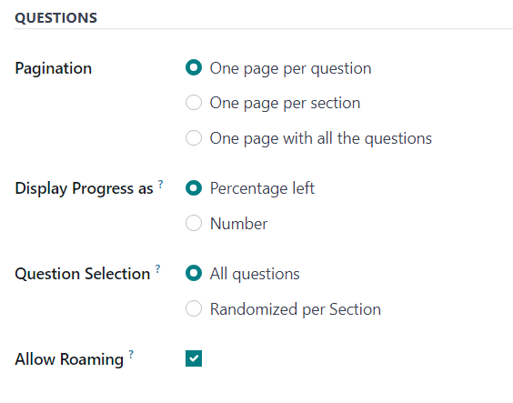 بخش سؤالات تب گزینه‌ها در فرم نظرسنجی در Odoo Surveys.