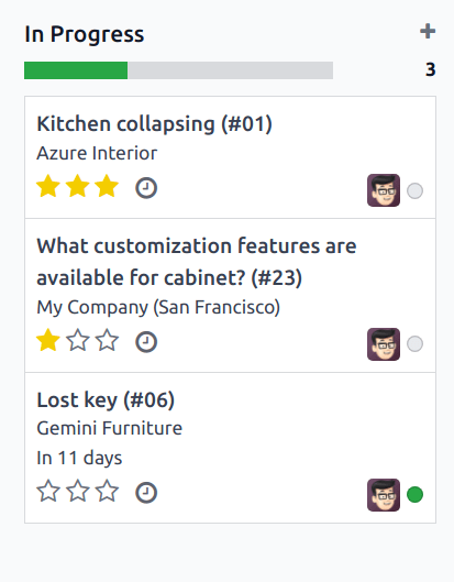 نمای Kanban یک تیم و کارها اولویت‌بندی‌شده در Odoo میز خدمت.