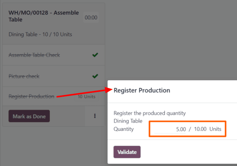 پنجرهٔ بازشوی Register Production در ماژول Shop Floor.