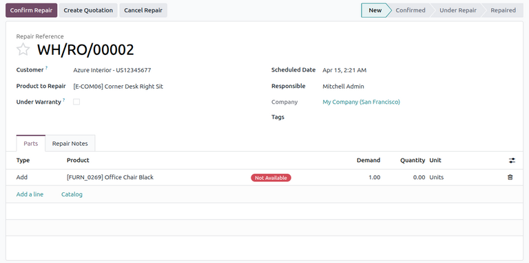 فرم سفارش تعمیر در Odoo Repairs.