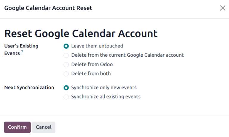 گزینه‌های بازنشانی تقویم Google در Odoo.