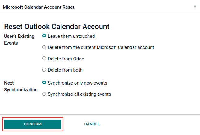 گزینه‌های بازنشانی تقویم Outlook در Odoo.