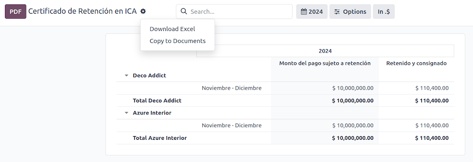 گزارش Certificado de Retención en ICA در Odoo Accounting.