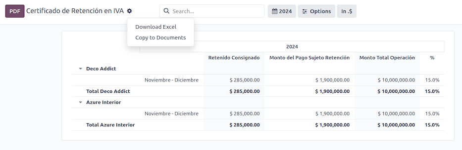 گزارش Certificado de Retención en IVA در Odoo Accounting.