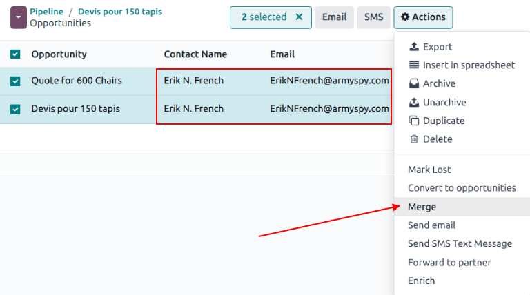 فهرست سرنخ‌ها و فرصت‌های مشابه انتخاب‌شده برای ادغام در اپلیکیشن CRM.