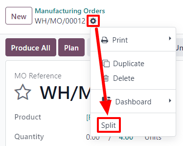 دکمه‌های Settings و Split در یک سفارش تولید.