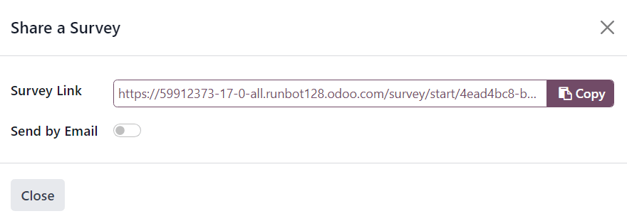 پنجرهٔ بازشوی «Share a Survey» که در اپلیکیشن Odoo Surveys ظاهر می‌شود.
