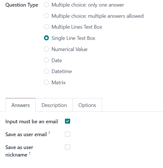 تب پاسخ‌های نوع سؤال Single Line Text box در Odoo Surveys.