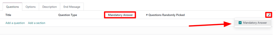 منوی کشویی اسلایدر که گزینهٔ Mandatory Answer را در Odoo Surveys نمایش می‌دهد.