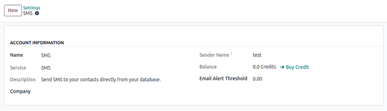 صفحهٔ تنظیمات برای راه‌اندازی یک حساب SMS در Odoo.