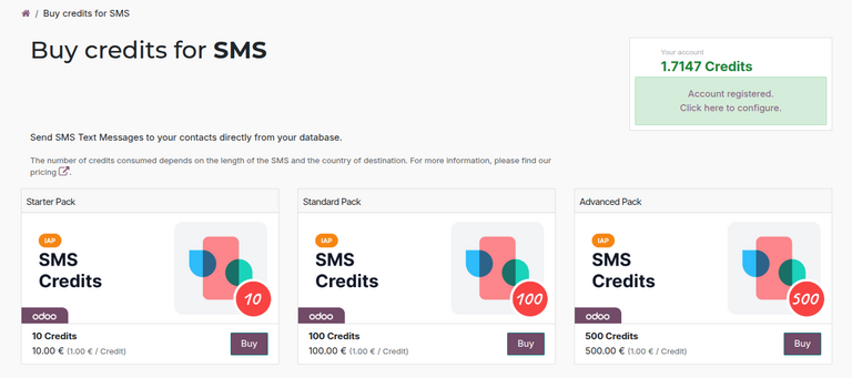 صفحهٔ خرید اعتبارات SMS در پورتال IAP Odoo.