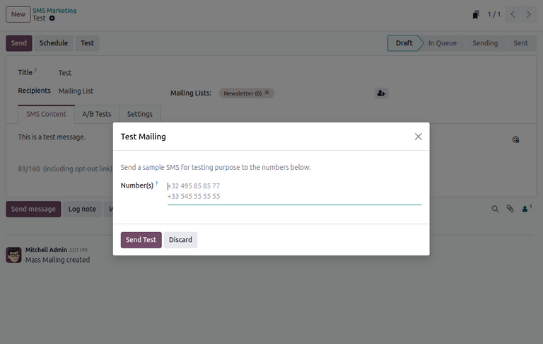 نمای یک آزمایش SMS در Odoo بازاریابی پیامکی.