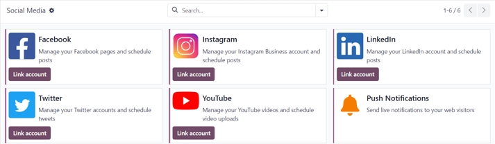 نمایی از صفحهٔ شبکه‌های اجتماعی در اپلیکیشن Odoo Social Marketing.