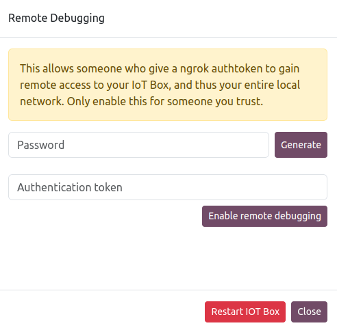 پنجرهٔ تولید رمز عبور Remote Debugging.