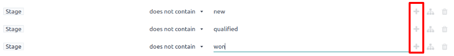 سه قاعدهٔ فیلتر که نیاز دارند مرحله حاوی New، Qualified یا Won نباشد.