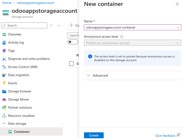 ایجاد یک container ذخیره‌سازی Microsoft Azure