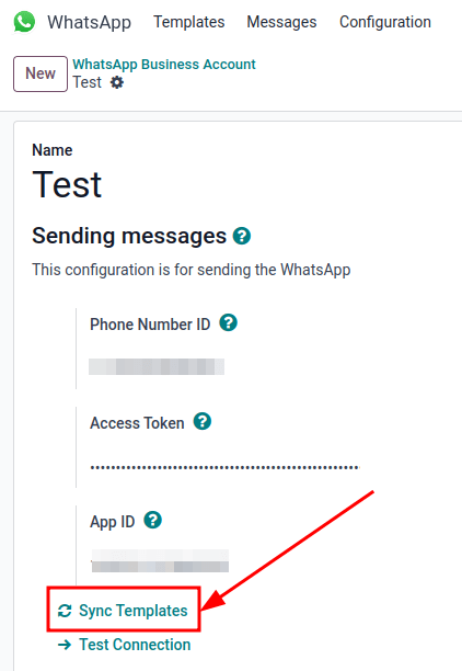 همگام‌سازی قالب‌های Meta WhatsApp با پایگاه دادهٔ Odoo، در حالی که ``Sync Templates`` برجسته شده است.