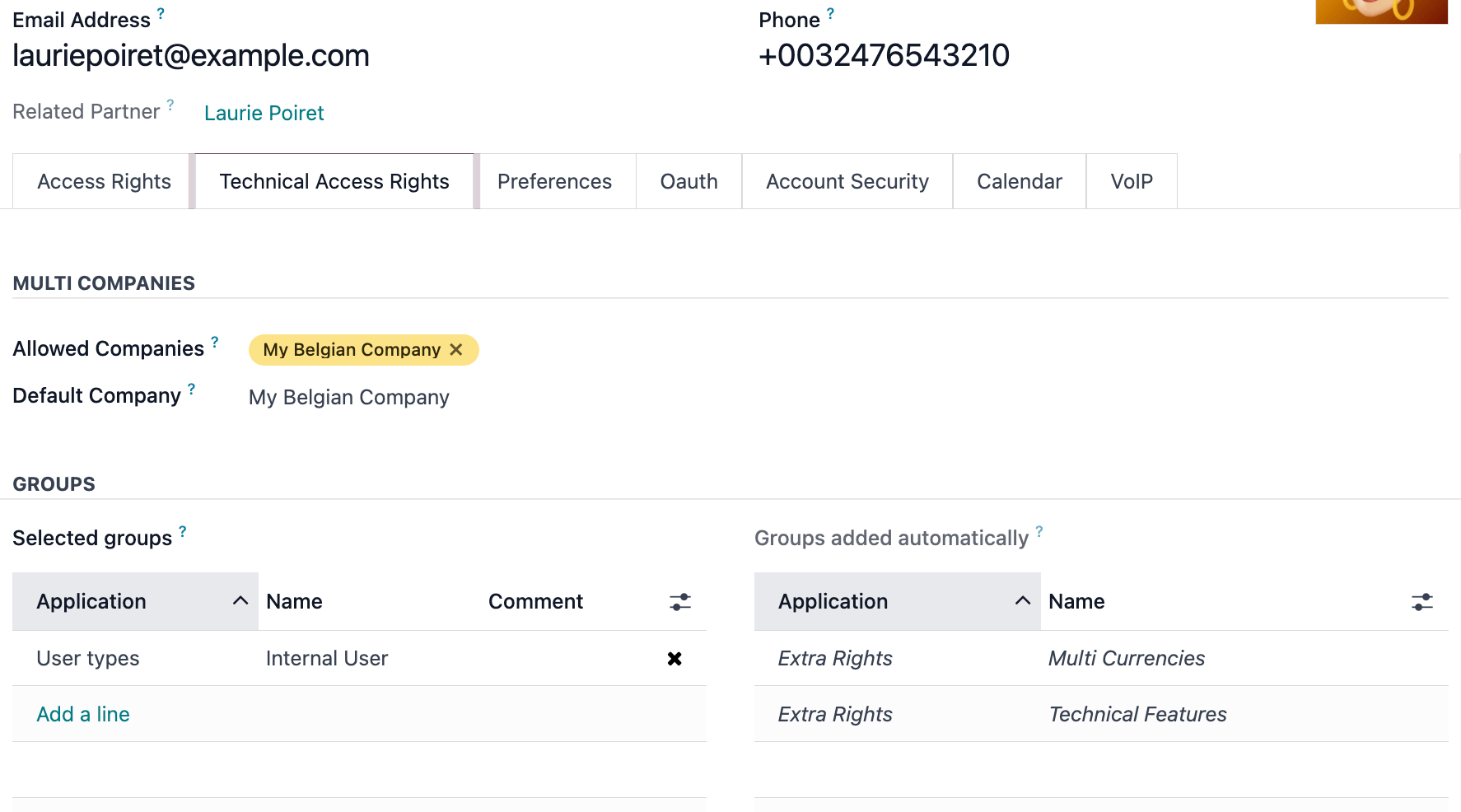 زبانهٔ technical access rights که برای یک پروفایل کاربر باز شده است.