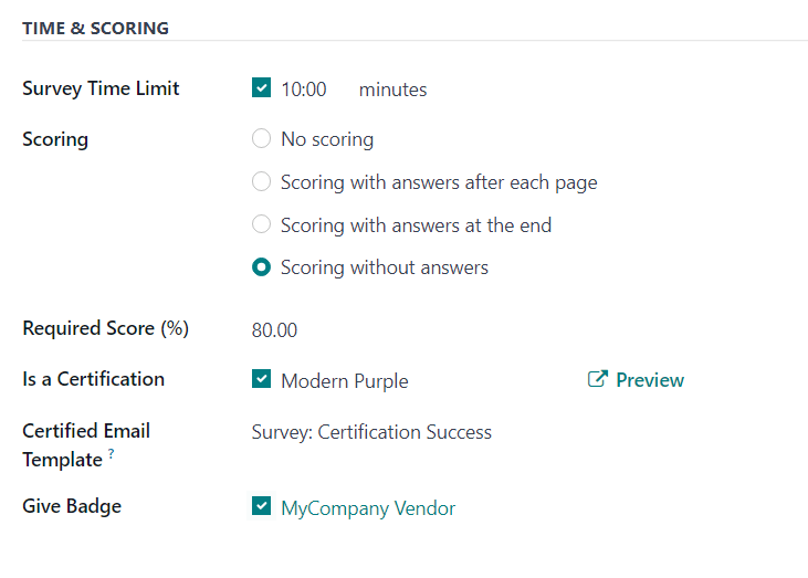 بخش زمان و امتیازدهی در تب گزینه‌ها در فرم نظرسنجی در Odoo Surveys.